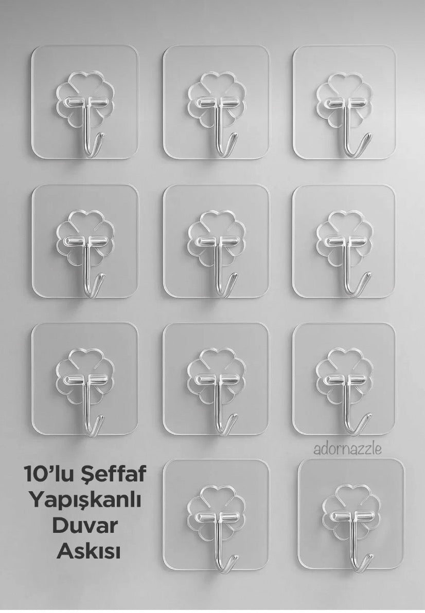 10 Adet Kapı Duvar Askısı, kendinden yapışkanlı şeffaf askı, güçlü kapı askısı,6x6cm